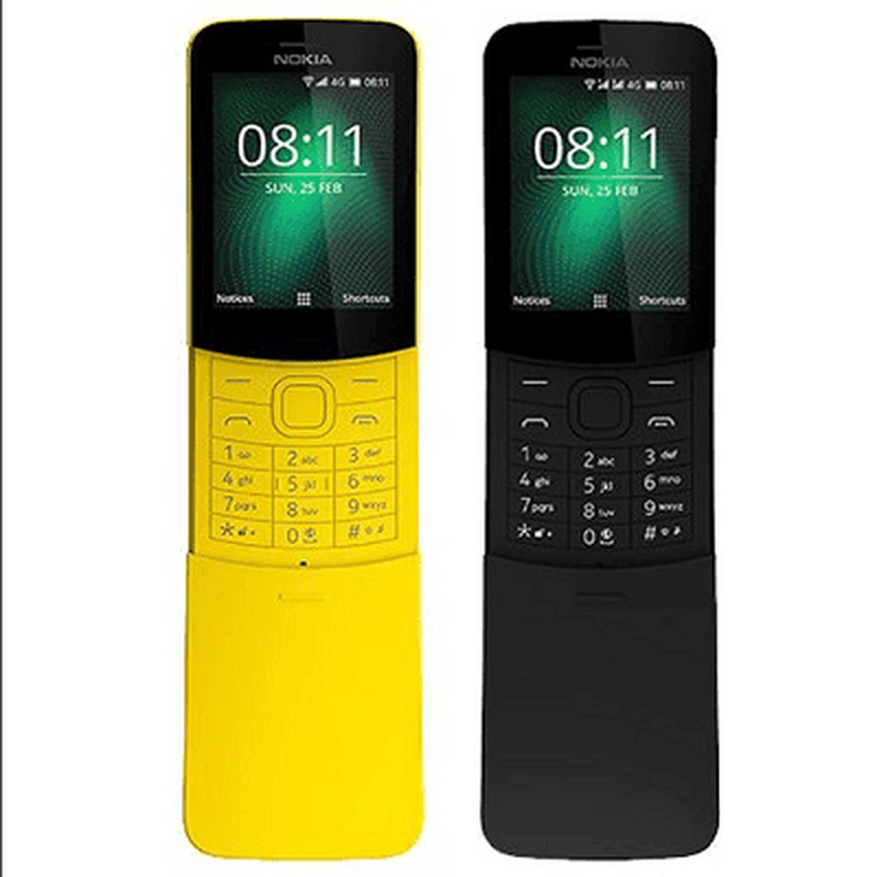 žuti i crni nokia 8110 banana telefon jedan pored drugog sa satom na ekranu