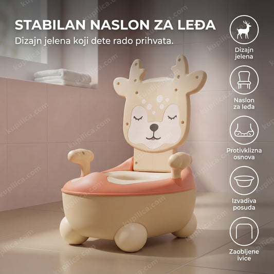 dečija noša za decu sa naslonom u kupatilu, dizajn jelena