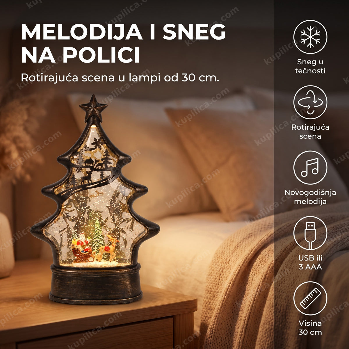 novogodišnja lampa sa snegom i muzikom na noćnom stočiću pored kreveta