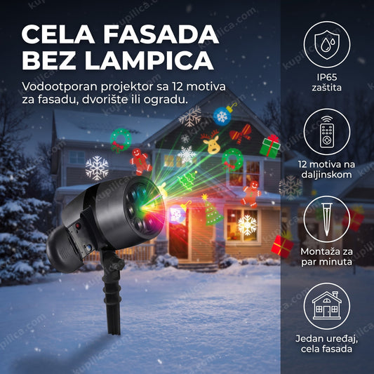 novogodišnji vodootporni laserski projektor osvetljava fasadu kuće motivima, benefiti proizvoda