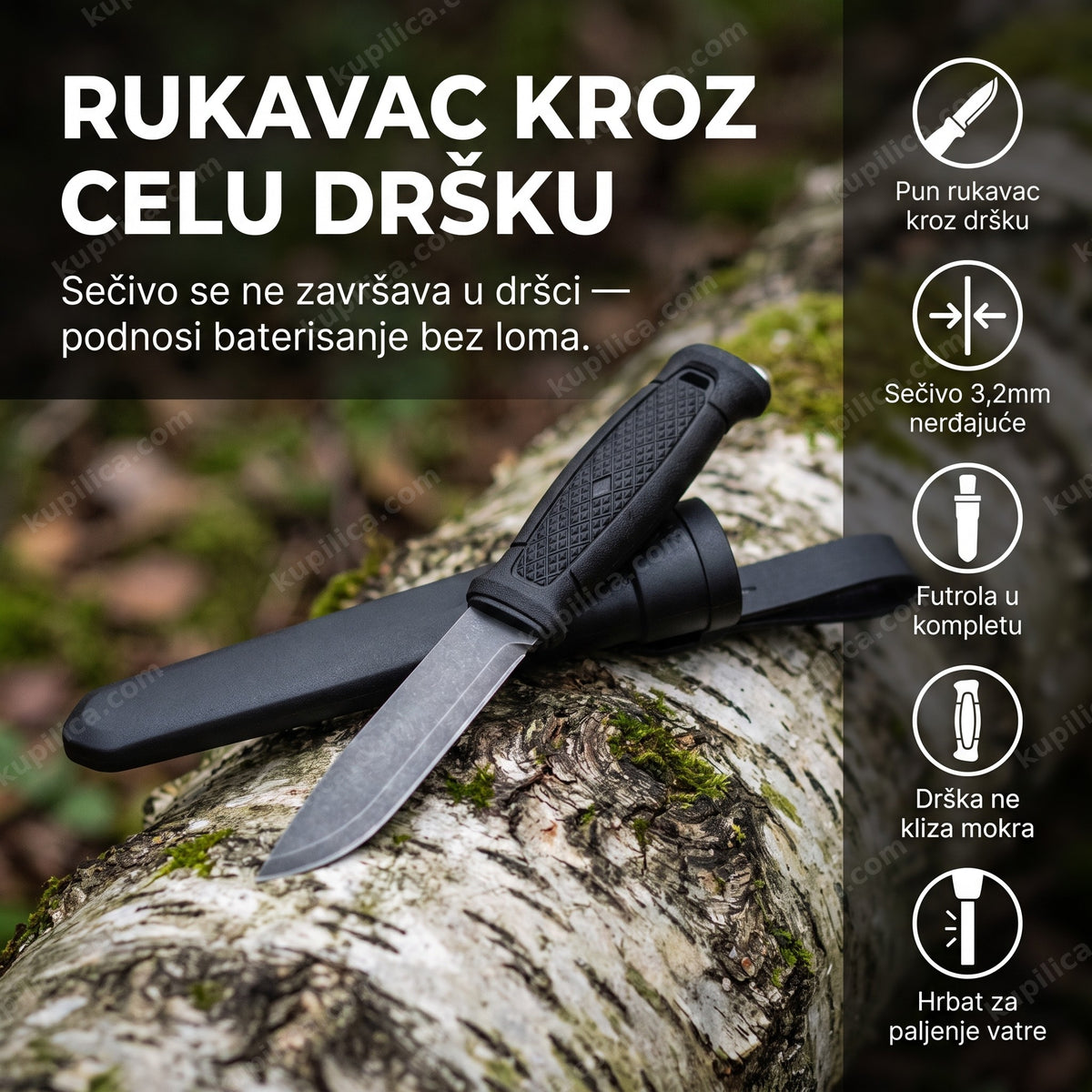 Nož za lov i kampovanje sa futrolom na brezovoj kori, benefiti proizvoda
