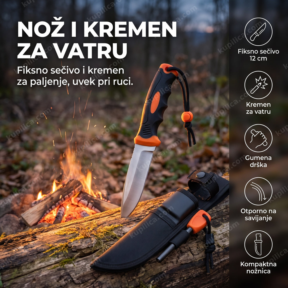 fiksni nož za preživljavanje sa kremenom za vatru pored logorske vatre