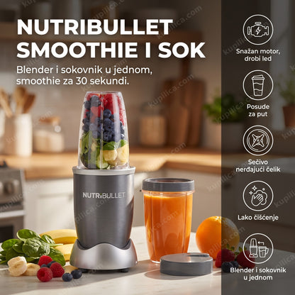 nutribullet blender sokovnik sa smoothie od voća na kuhinjskom stolu, prikaz benefiti proizvoda