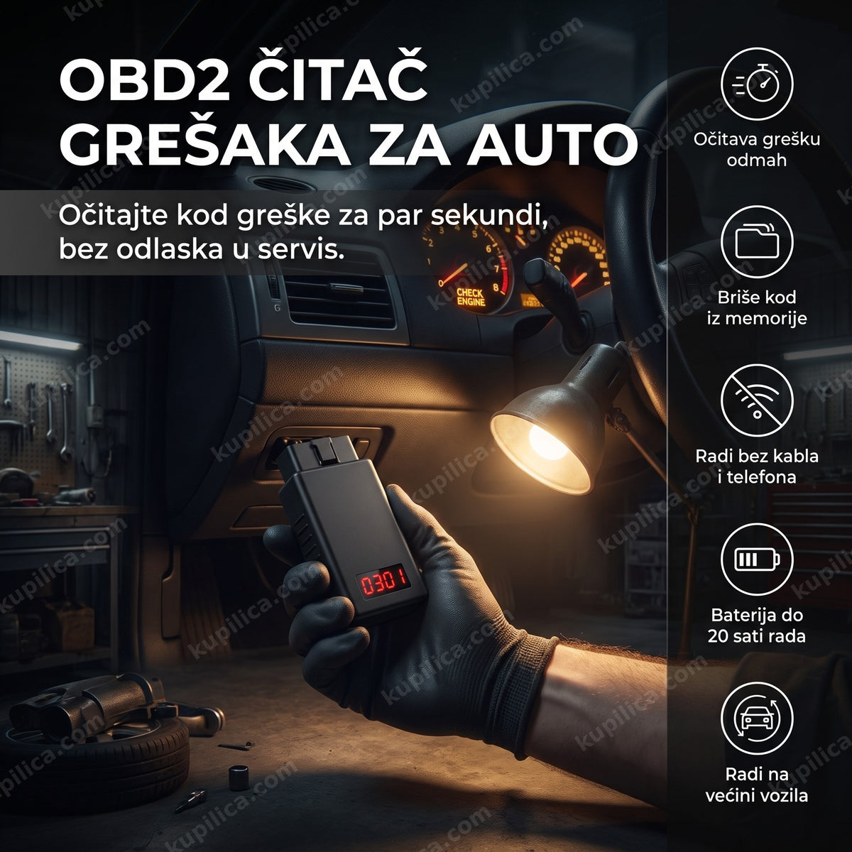 obd2 čitač grešaka priključen u auto u tamnoj garaži, benefiti proizvoda