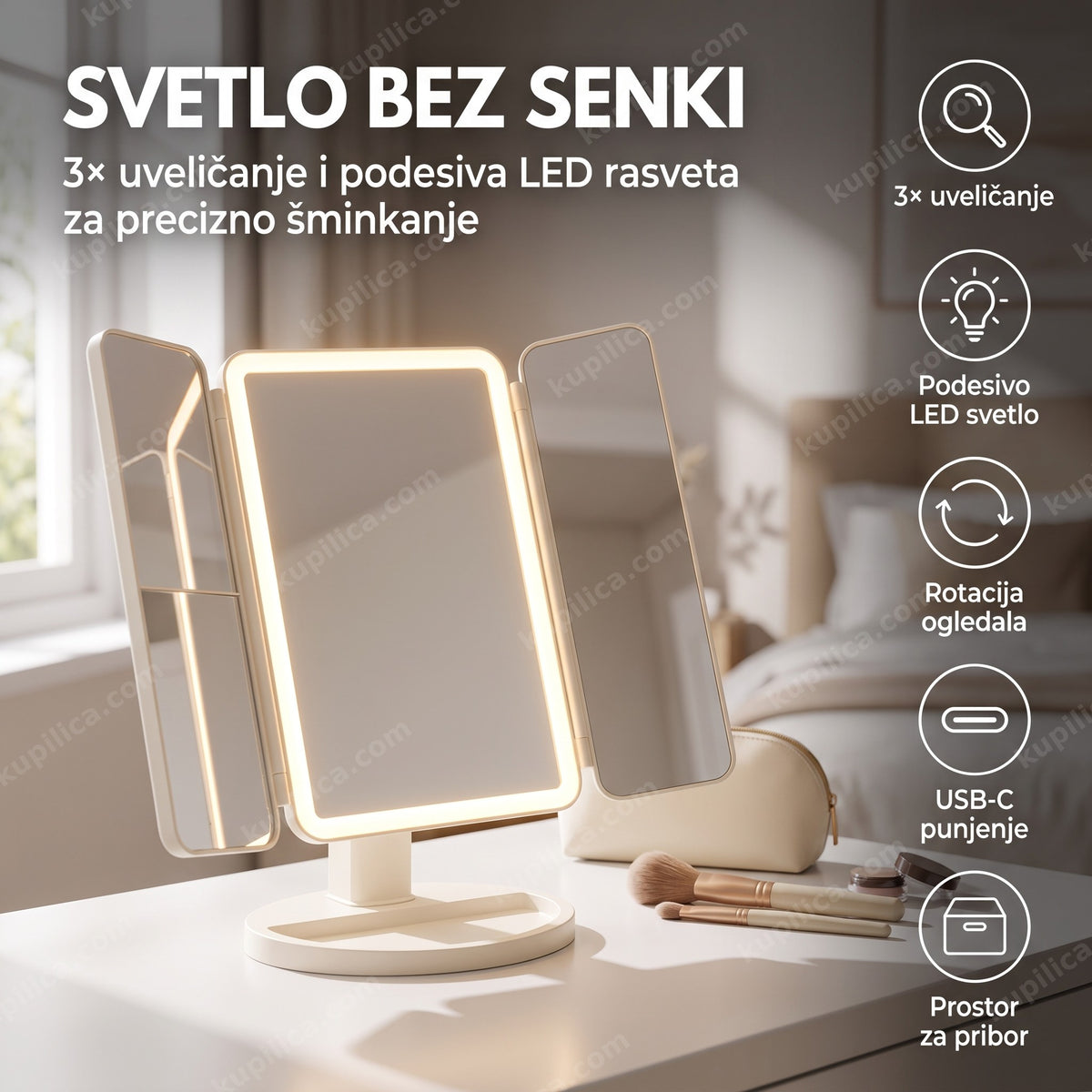 ogledalo za šminkanje sa led svetlom i 3x uveličanjem na toaletnom stočiću