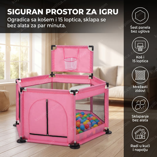 Prazna roza ogradica za bebe sa košem i lopticama u dnevnoj sobi, benefiti proizvoda