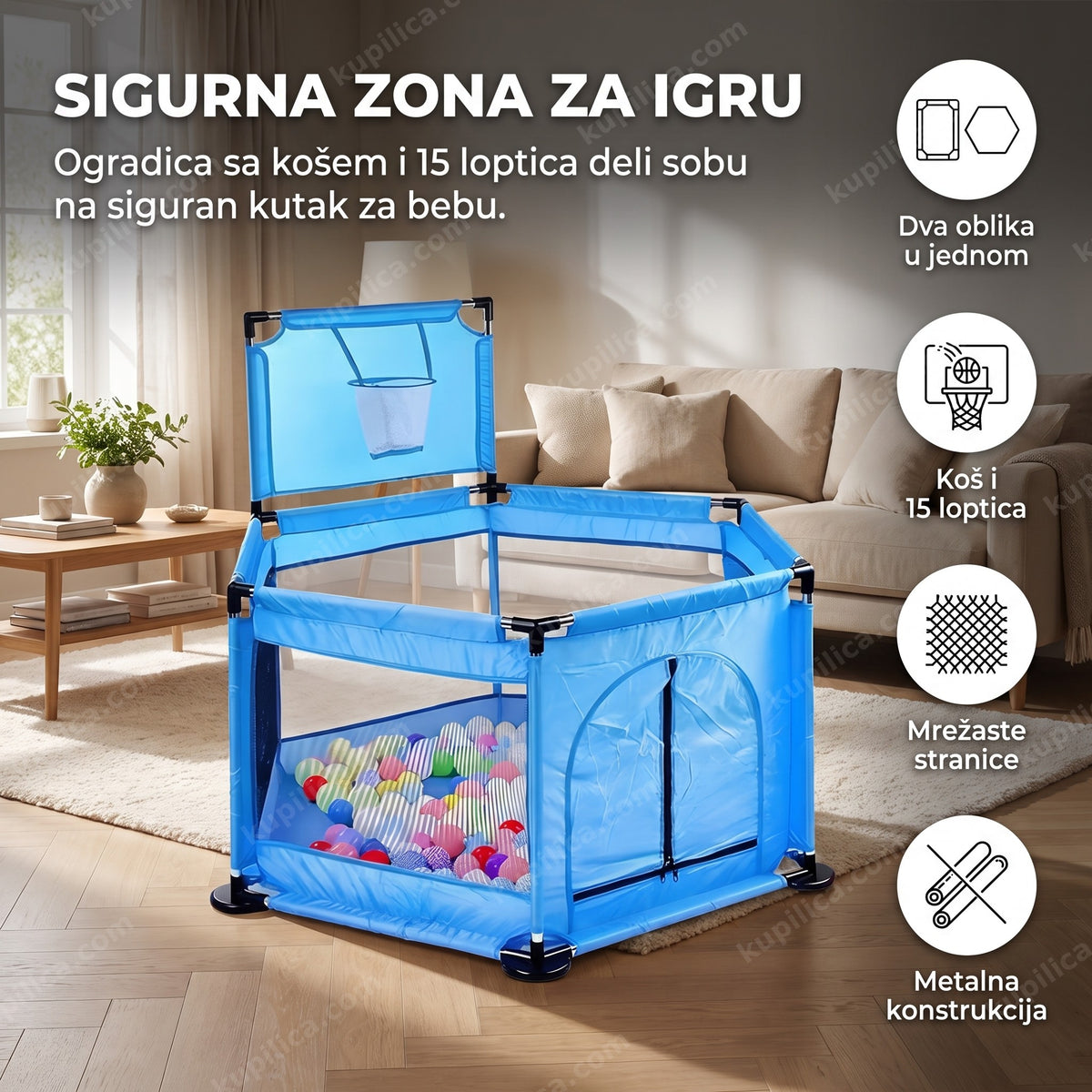 Plava ogradica za bebe sa košem i šarenim lopticama i benefiti proizvoda