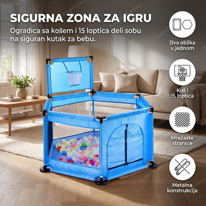 Plava ogradica za bebe sa košem i šarenim lopticama i benefiti proizvoda