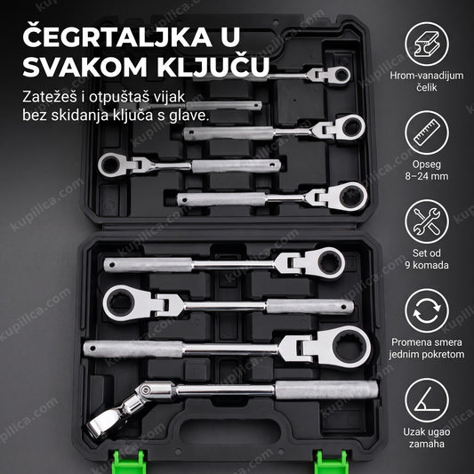 okasti ključevi sa čegrtaljkom u otvorenom crnom koferu, devet komada