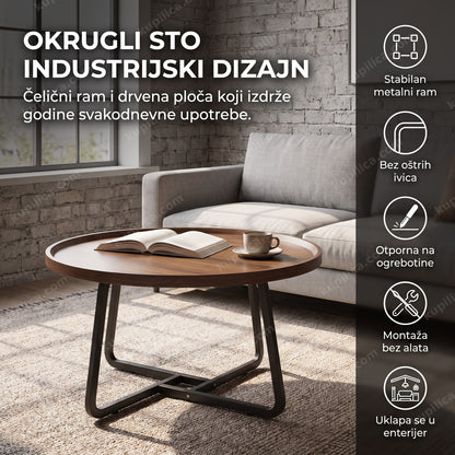 Okrugli klub sto industrijskog dizajna u loft dnevnoj sobi, benefiti stola