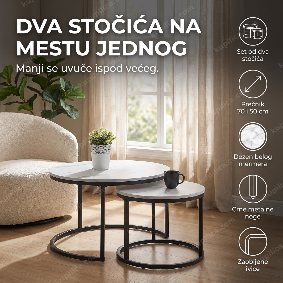 okrugli klub stočići beli mermer crne noge pored fotelje u svetloj sobi