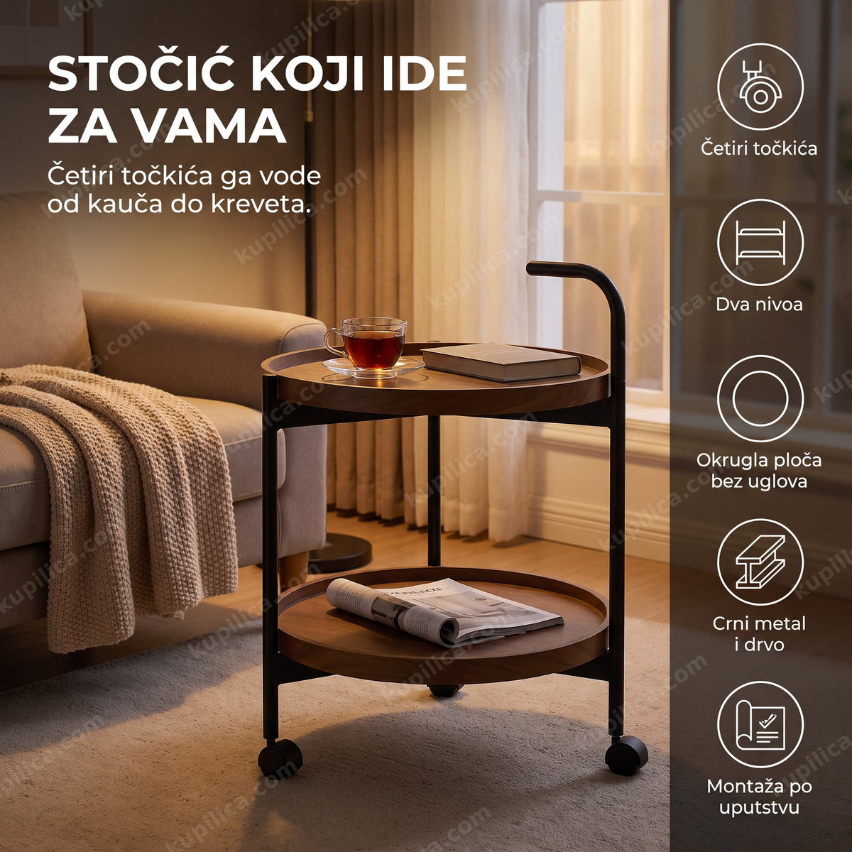 okrugli crni stočić na točkićima sa dva nivoa pored kauča