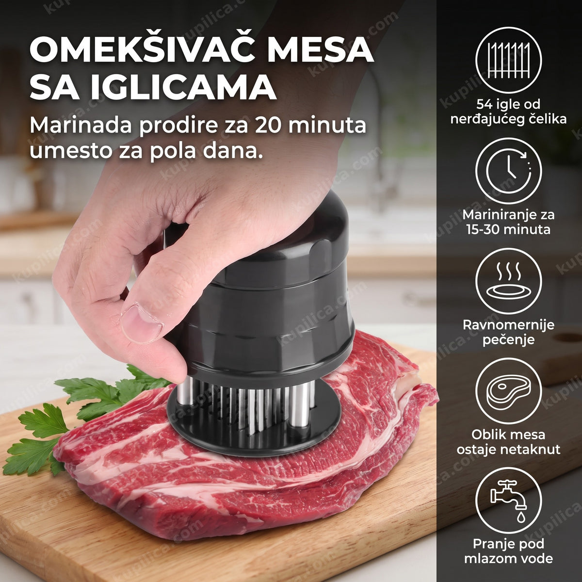 Omekšivač mesa sa iglicama probija odrezak na dasci u kuhinji, benefiti proizvoda