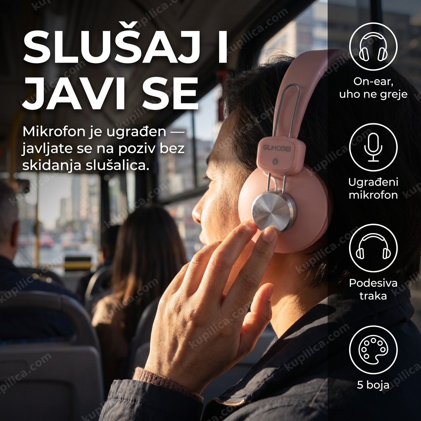 slušalice EV10 on-ear sa mikrofonom — putnik u autobusu nosi slušalice i javlja se na poziv, 5 boja