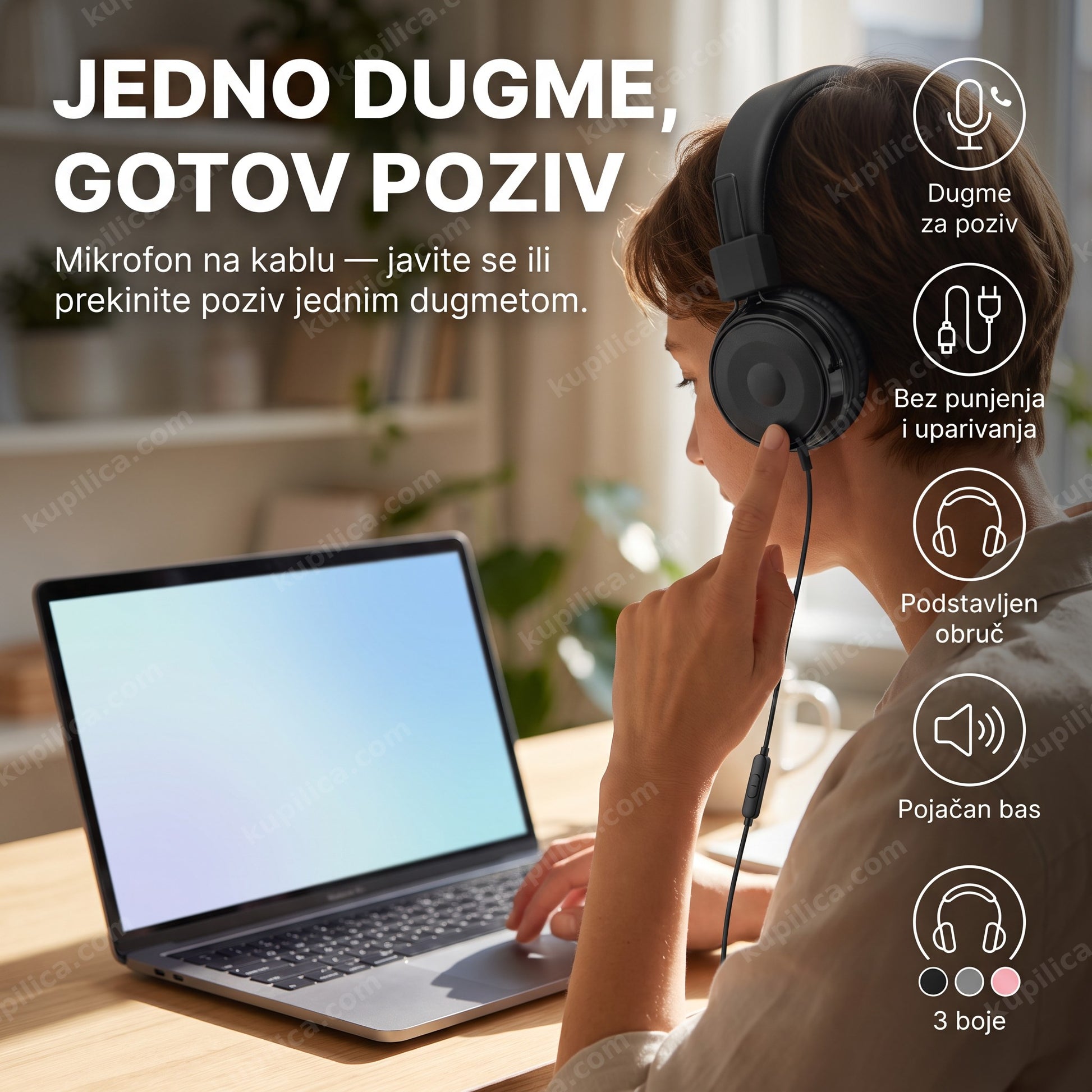 slušalice J20 on-ear sa mikrofonom — poziv sa laptopa uz dugme za javljanje na kablu, crna siva roza
