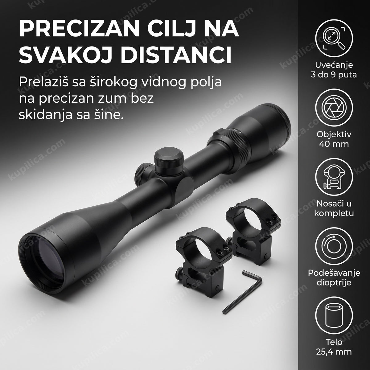 crni optički nišan za airsoft sa montažnim nosačima na neutralnoj podlozi