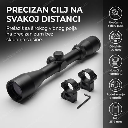 crni optički nišan za airsoft sa montažnim nosačima na neutralnoj podlozi
