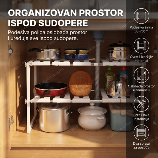 organizator polica ispod sudopere sa posudjem u ormaricu, benefiti proizvoda