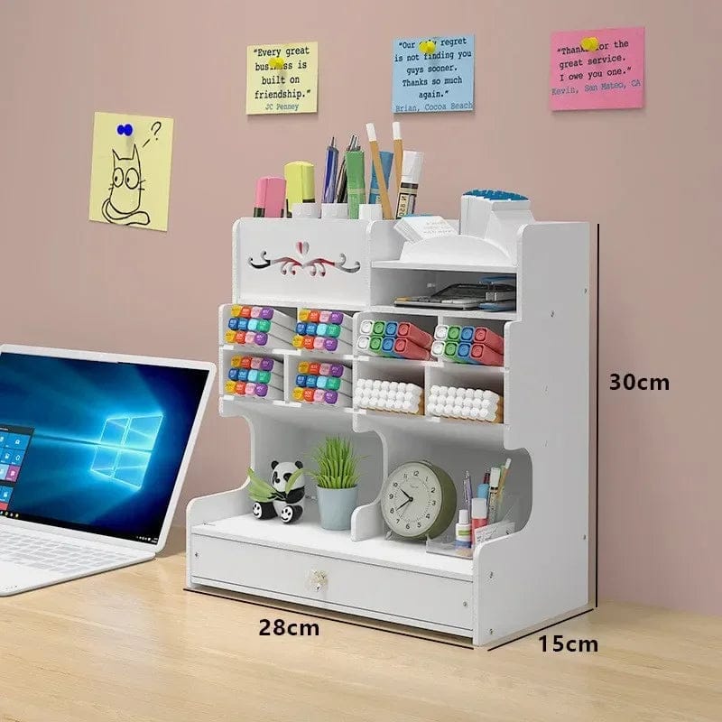 beli organizator za bojice i flomastere sa fiokom, dimenzije 28x30x15 cm