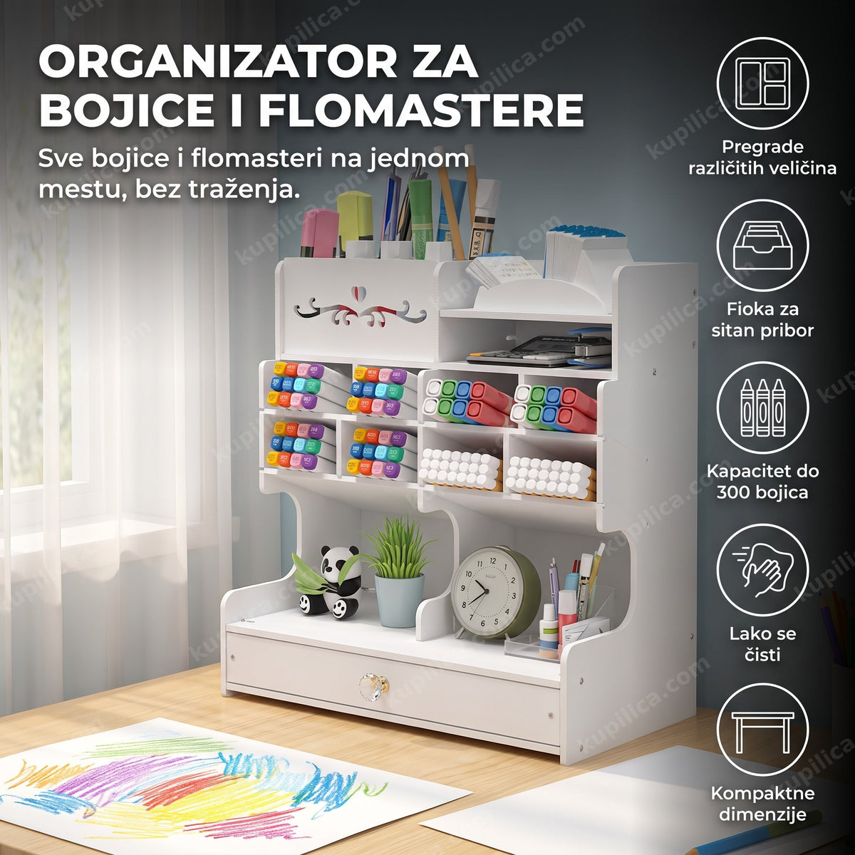 Beli organizator pun bojica i flomastera na dečjem radnom stolu, benefiti proizvoda