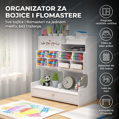 Beli organizator pun bojica i flomastera na dečjem radnom stolu, benefiti proizvoda