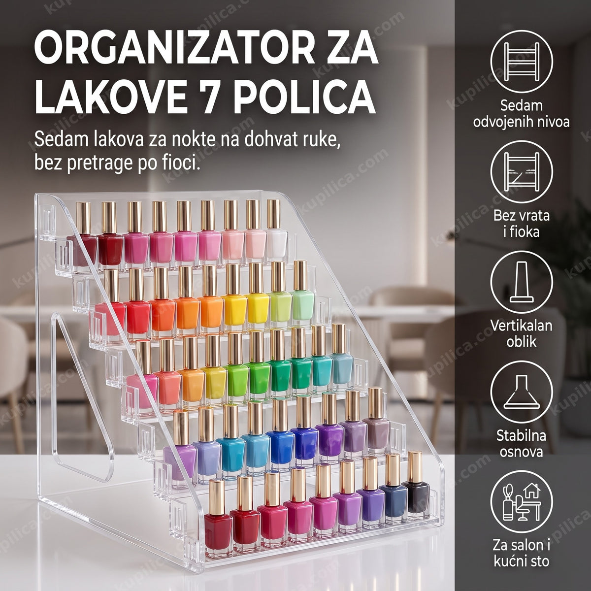 Organizator za lakove za nokte pun bočica na zidu manikir salona