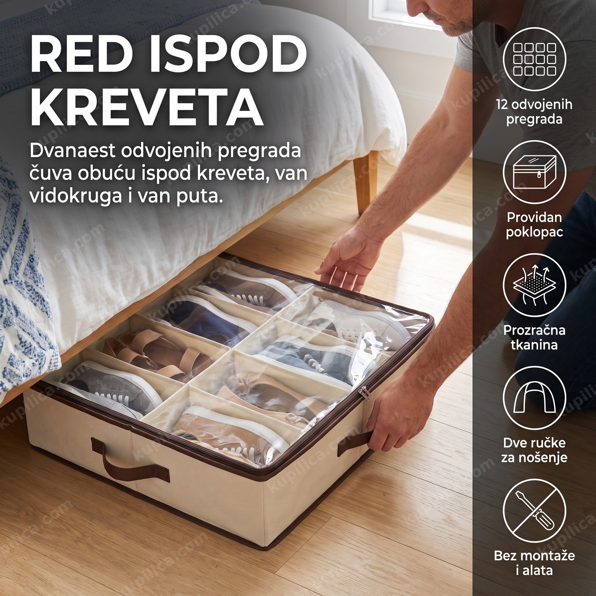 Organizator za obuću za 12 pari, sa providnim poklopcem, za odlaganje ispod kreveta