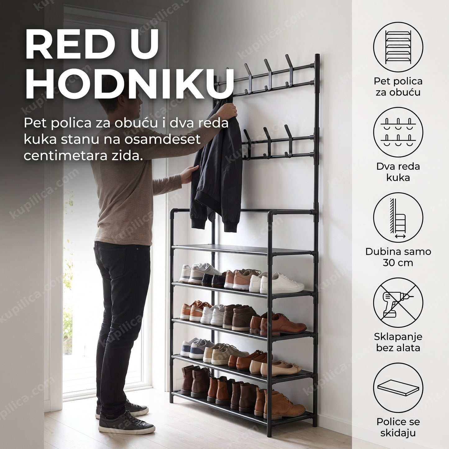 Organizator za predsoblje sa pet polica za obuću i dva reda kuka