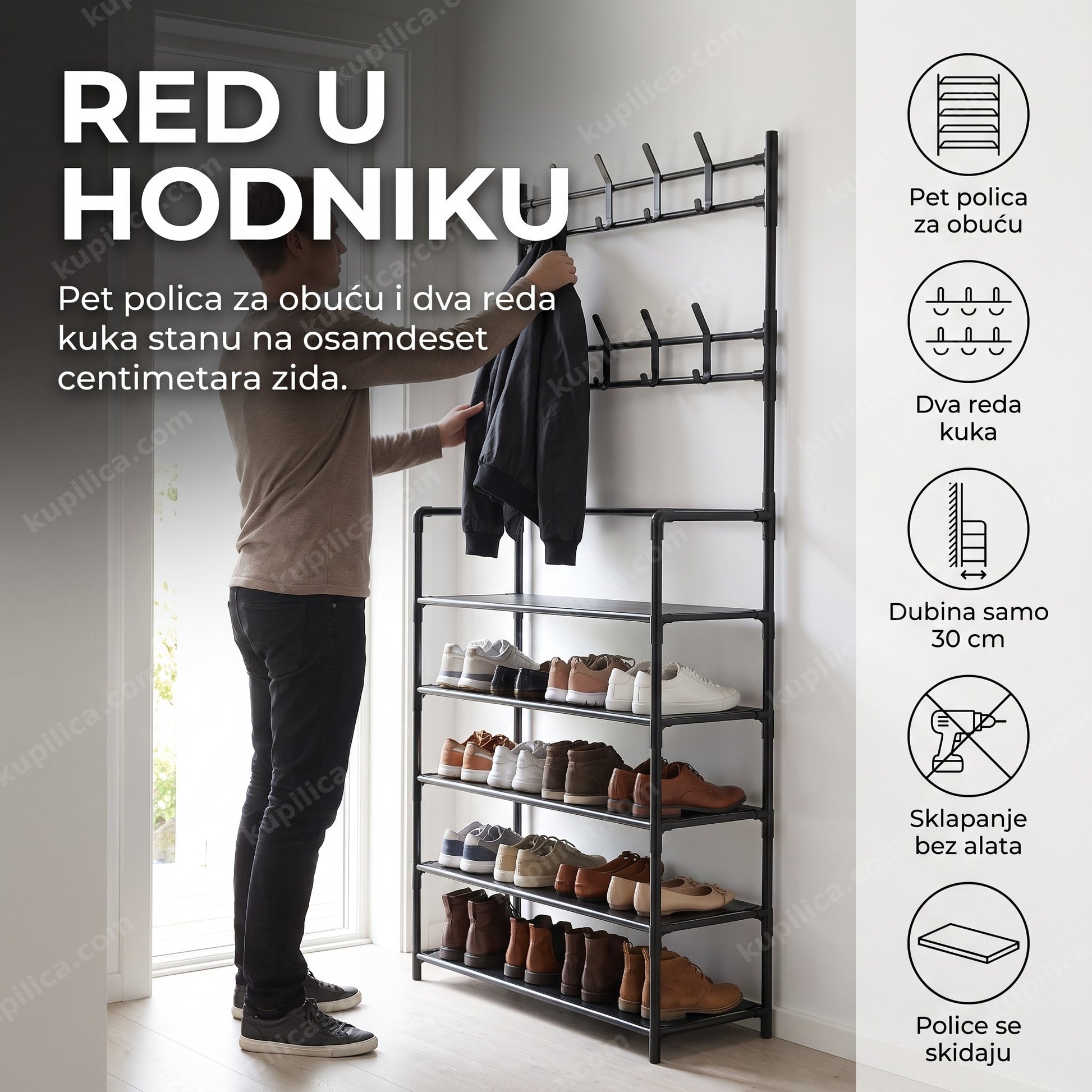 Organizator za predsoblje sa pet polica za obuću i dva reda kuka