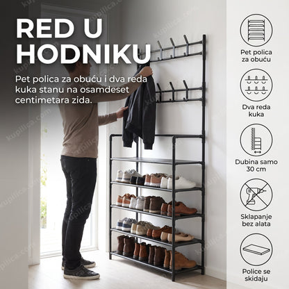 Organizator za predsoblje sa pet polica za obuću i dva reda kuka