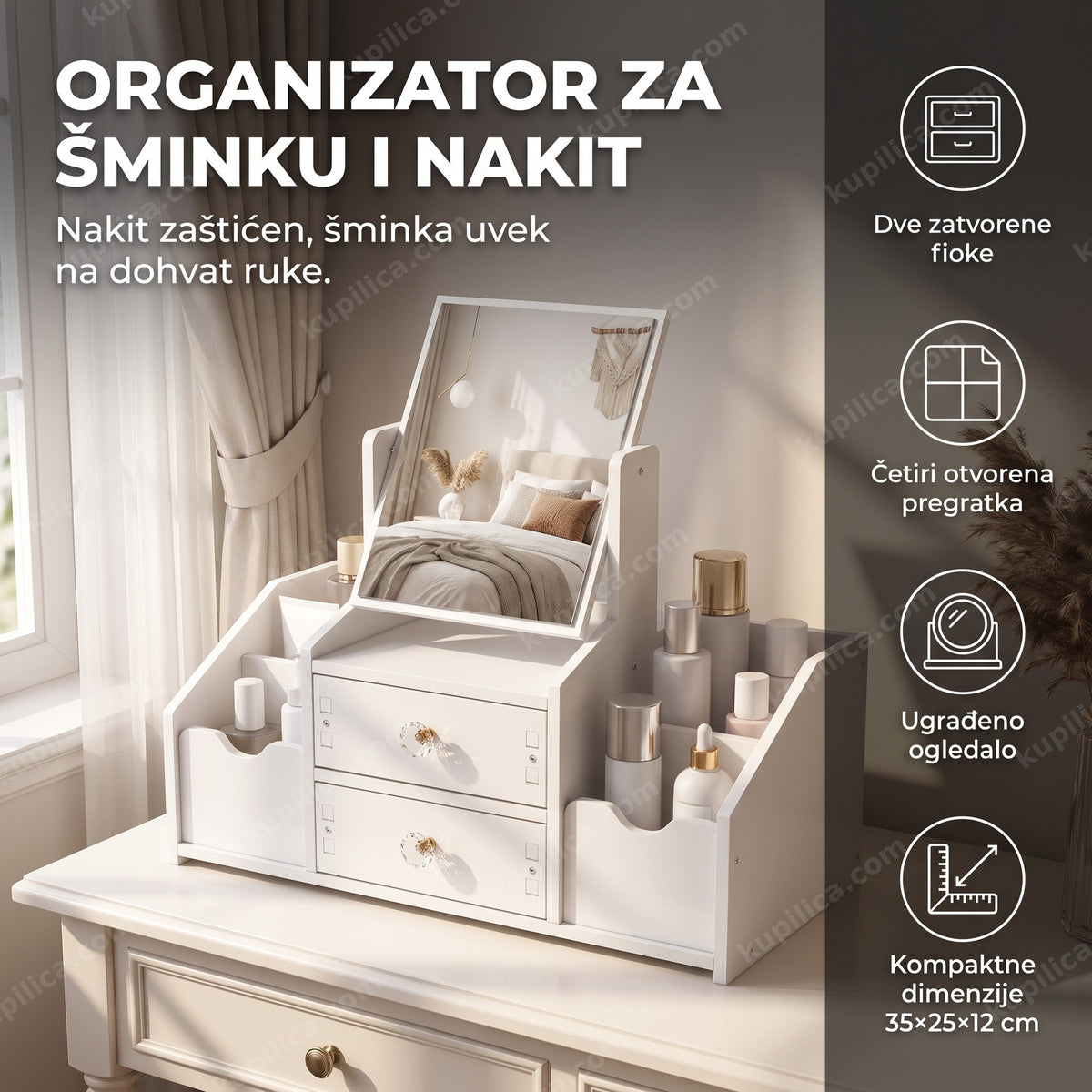 beli stočić organizator za šminku i nakit sa ogledalom u spavaćoj sobi, benefiti proizvoda