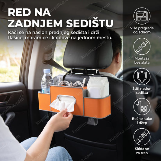 Organizator za zadnje sedište auta sa pregradama i kukama za sitnice