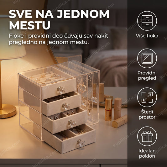 organizer za nakit sa fiokama i providnim odeljcima na toaletnom stolu — benefiti proizvoda