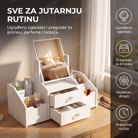 organizer za sminku sa ogledalom na toaletnom stolu — benefiti proizvoda