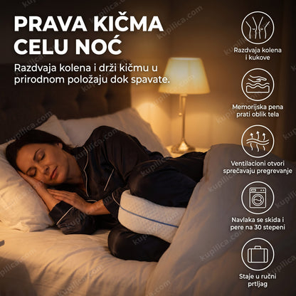 ortopedski jastuk za noge od memorijske pene između kolena osobe koja spava na boku, benefiti proizvoda