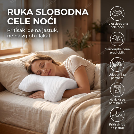 ortopedski jastuk za ruku ispod glave žene koja spava na boku, benefiti proizvoda