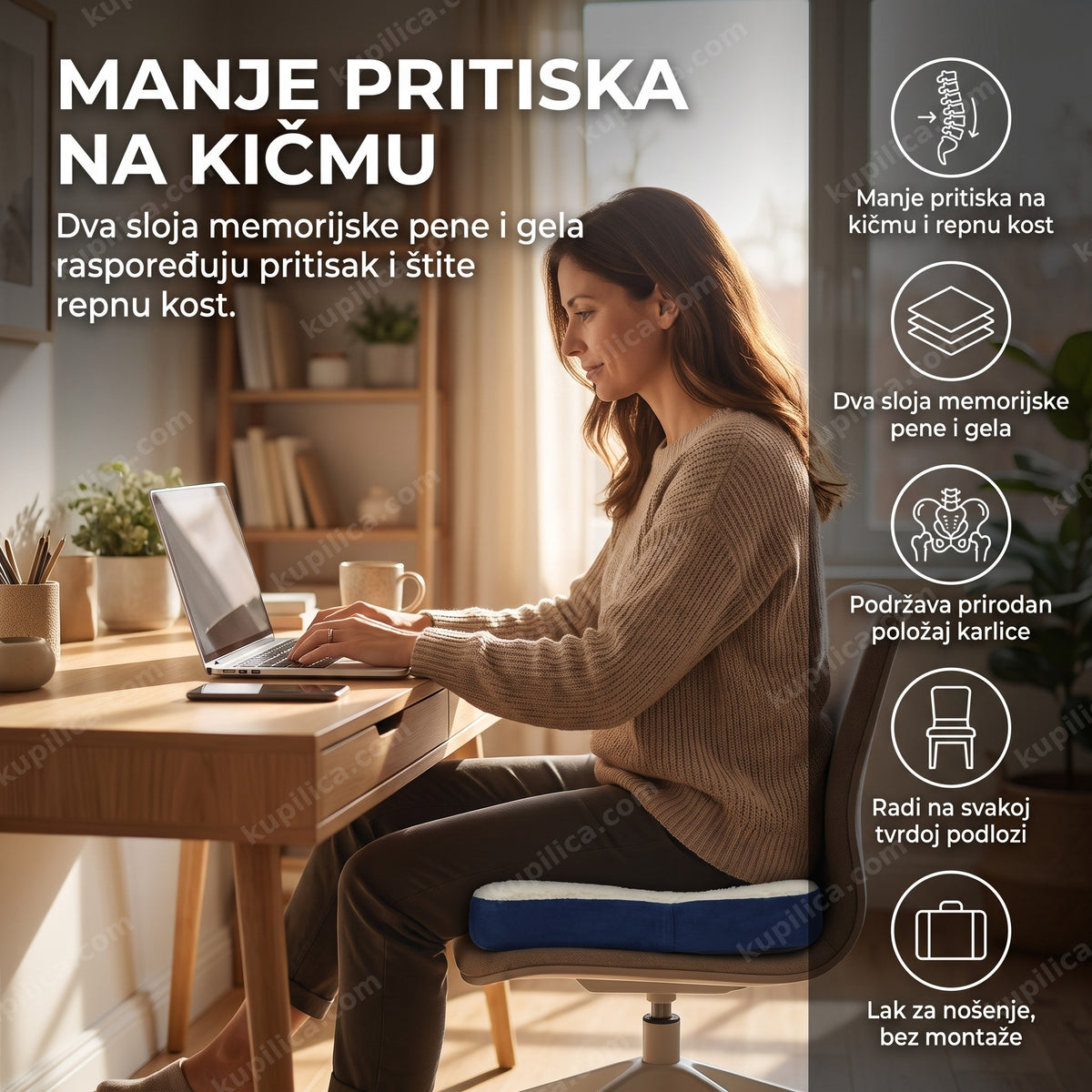 ortopedski jastuk za sedenje sa gel slojem na kancelarijskoj stolici, benefiti proizvoda
