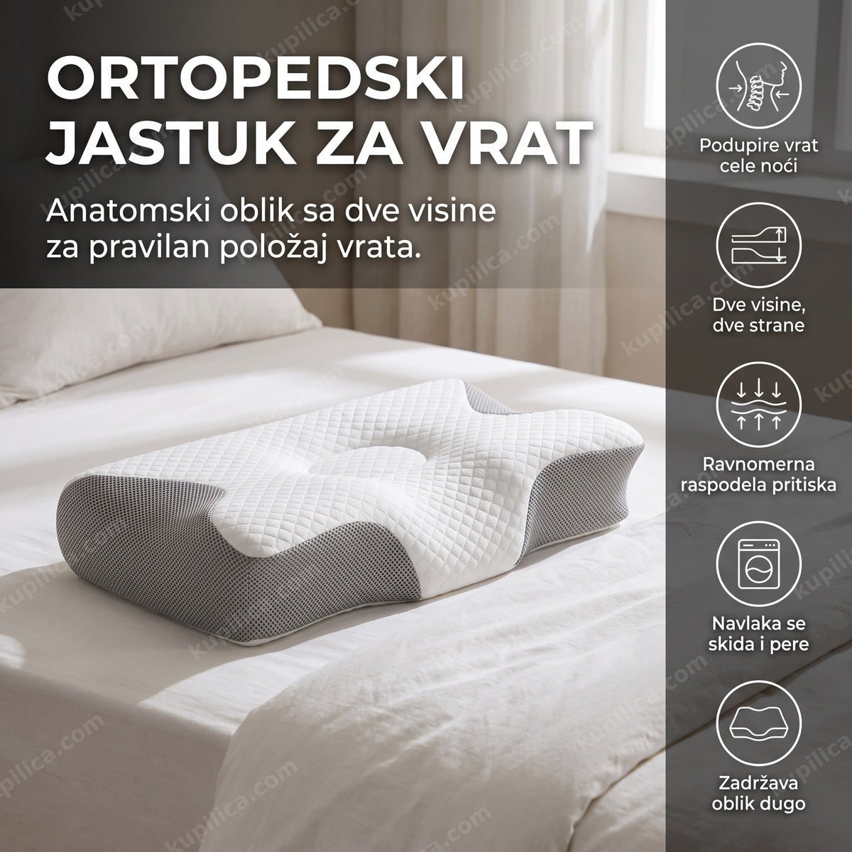 beli ortopedski jastuk za vrat sa sivom mrežastom ivicom na krevetu, benefiti proizvoda