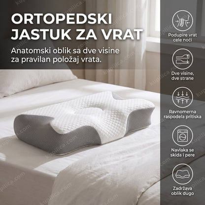 beli ortopedski jastuk za vrat sa sivom mrežastom ivicom na krevetu, benefiti proizvoda