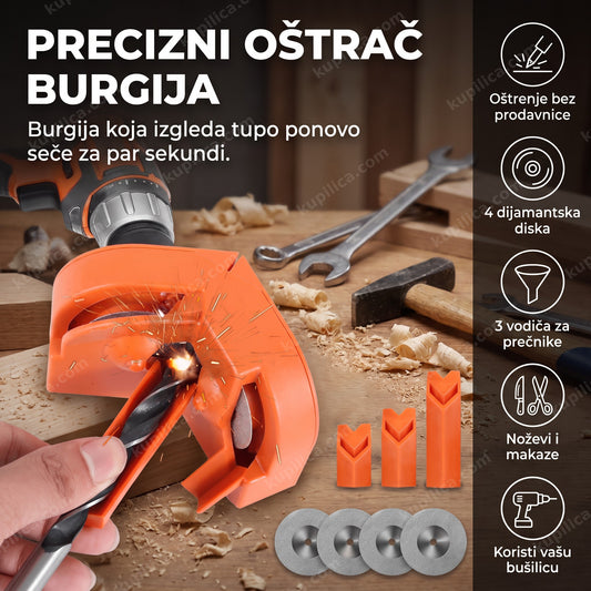 Narandžasti oštrač burgija pričvršćen na bušilicu u radionici sa iskricama, benefiti proizvoda