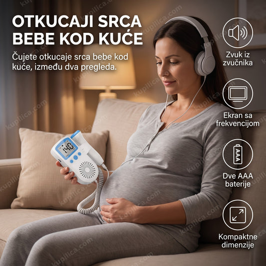 Trudnica sa slušalicama sedi i sluša otkucaje srca bebe, benefiti proizvoda