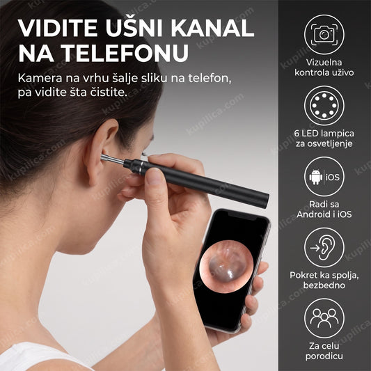 otoskop kamera za uši u ruci sa uvećanim prikazom uha na telefonu, benefiti proizvoda