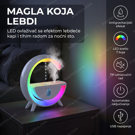Beli ovlaživač vazduha sa LED svetlom i lebdećom kapi na noćnom stočiću, benefiti proizvoda