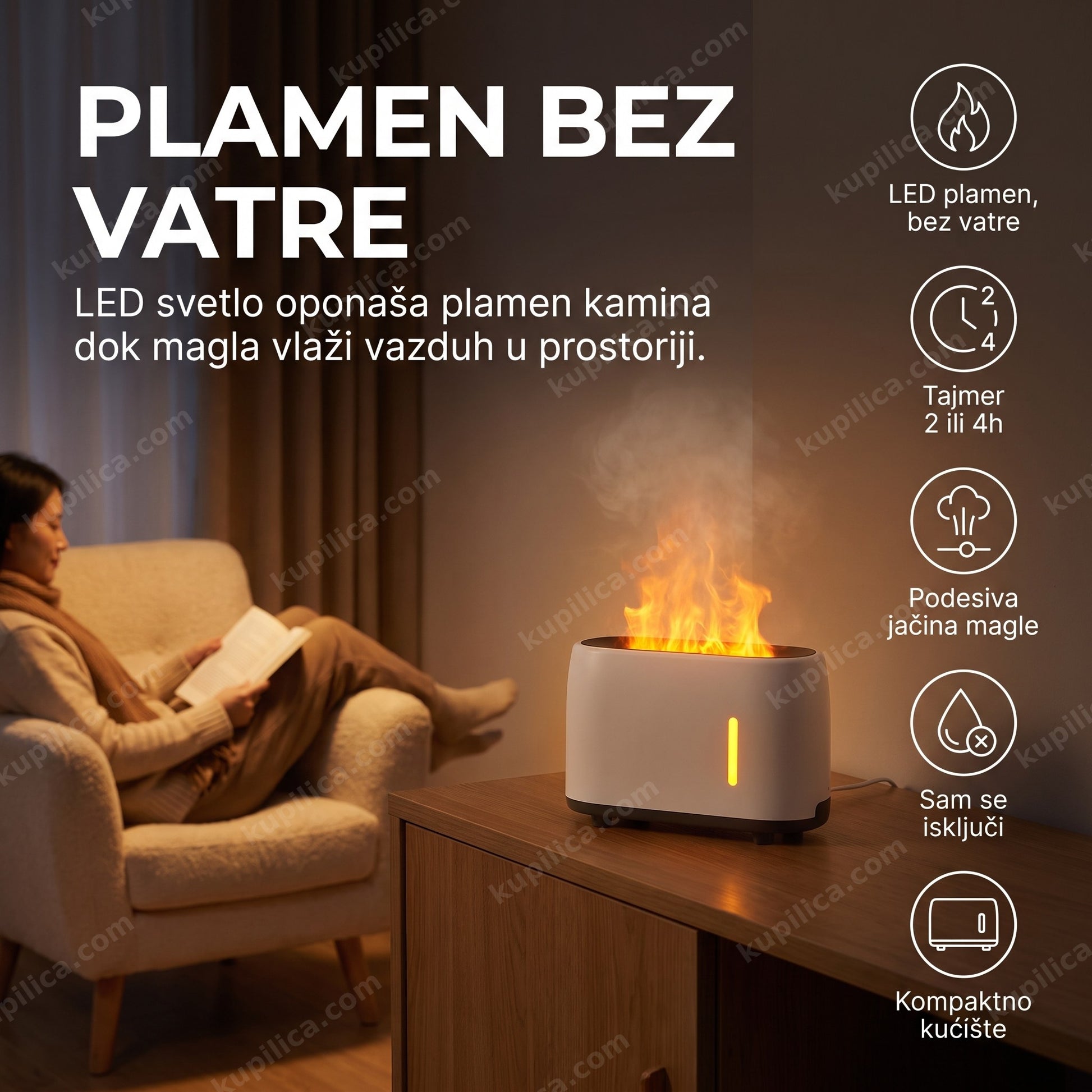Ovlaživač vazduha sa efektom plamena, ultrazvučni uređaj od 240 ml sa LED svetlom