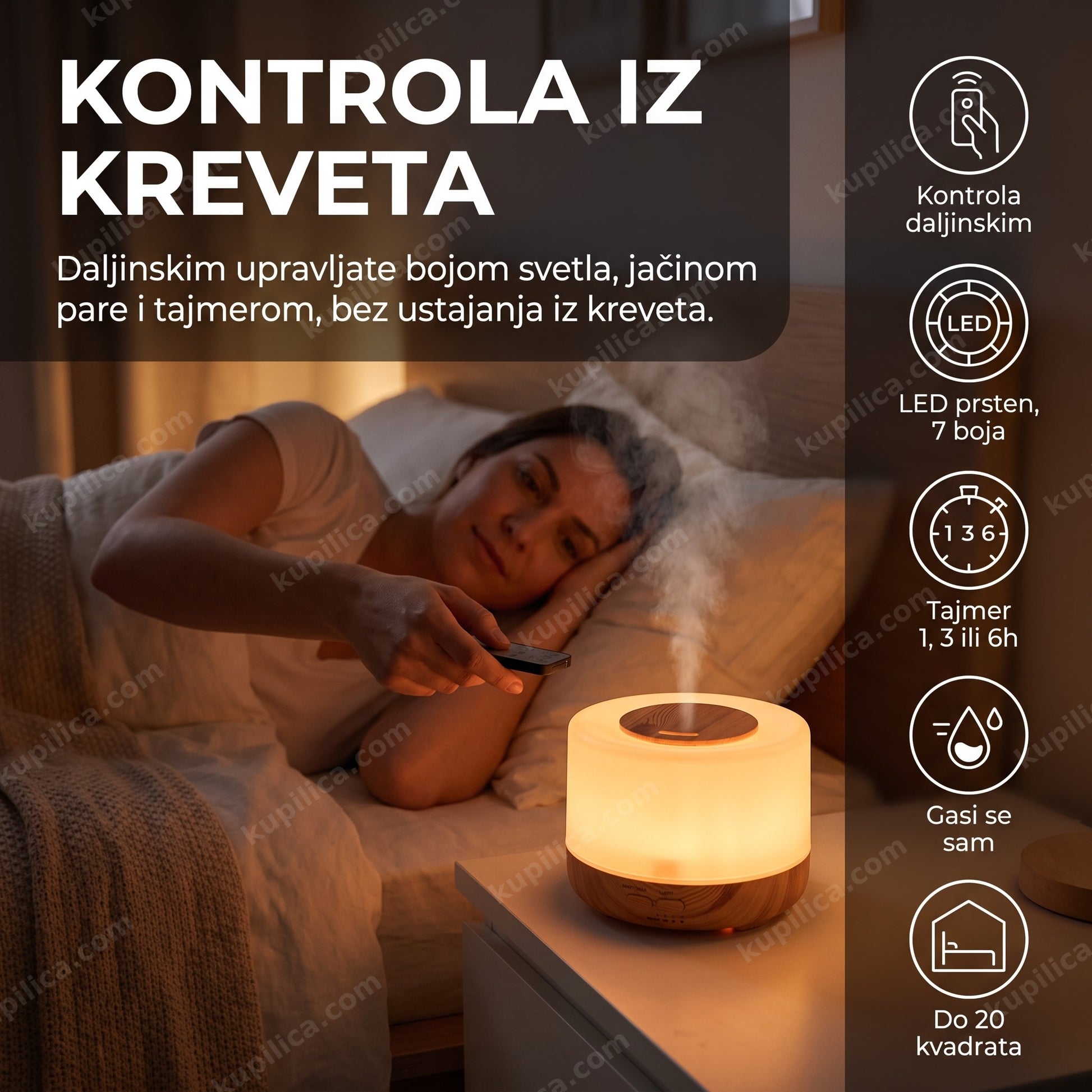 Ovlaživač vazduha sa LED svetlom, rezervoarom od 500 ml, daljinskim i tajmerom