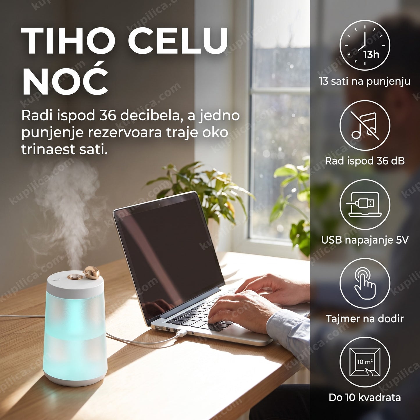 Ovlaživač vazduha Q20, ultrazvučni USB uređaj od 400 ml za tihi rad