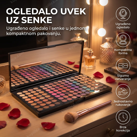 Otvorena paleta senki sa ugrađenim ogledalom i četkicom na stočiću, benefiti proizvoda