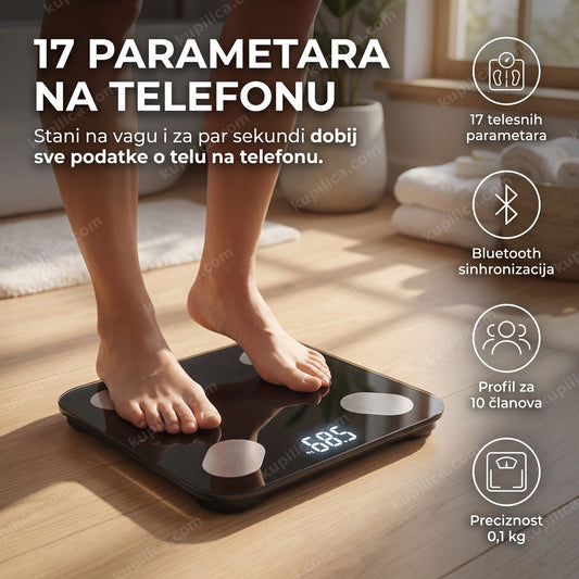 pametna bluetooth vaga sa 17 telesnih parametara u kupatilu, prikaz benefita proizvoda