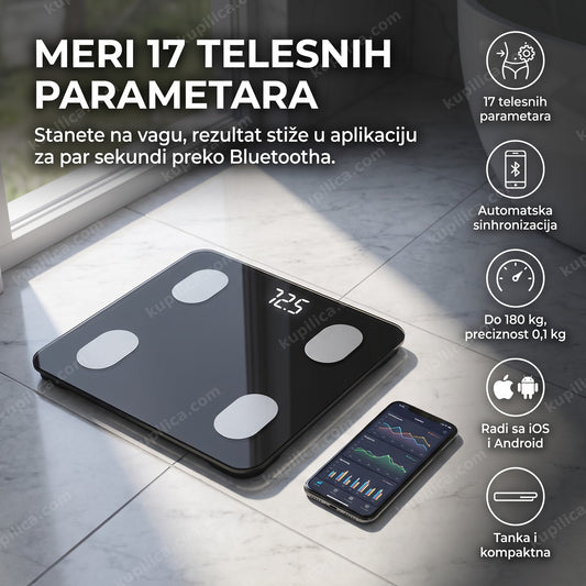 pametna digitalna vaga sa bluetooth u kupatilu pored telefona sa grafikonima, benefiti proizvoda