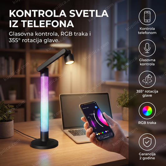 pametna led lampa sa rgb trakom na radnom stolu uveče, prikaz benefita proizvoda